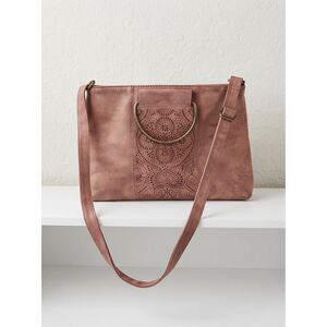 Boho Laser Cut Crossbody Bag Cognac Brown Ring Handle Festival Bag